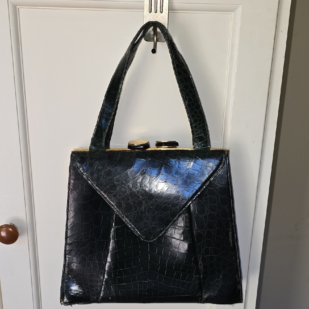 Vintage Green Alligator Handbag w/ Many Elegant Details Change Purse, Mirror